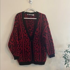 Vintage Knit Knit Cardigan Mohair Sweater Red Black 80s Demask Gothic Cozy Fuzzy